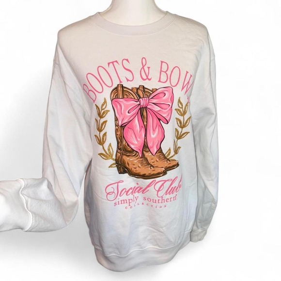 Simply Southern Tops - BOOTS&BOWS WHITE/PINK GOLD GLITTER COUNTRY WESTERN SWEATSHIRT LADIES MEDIUM
